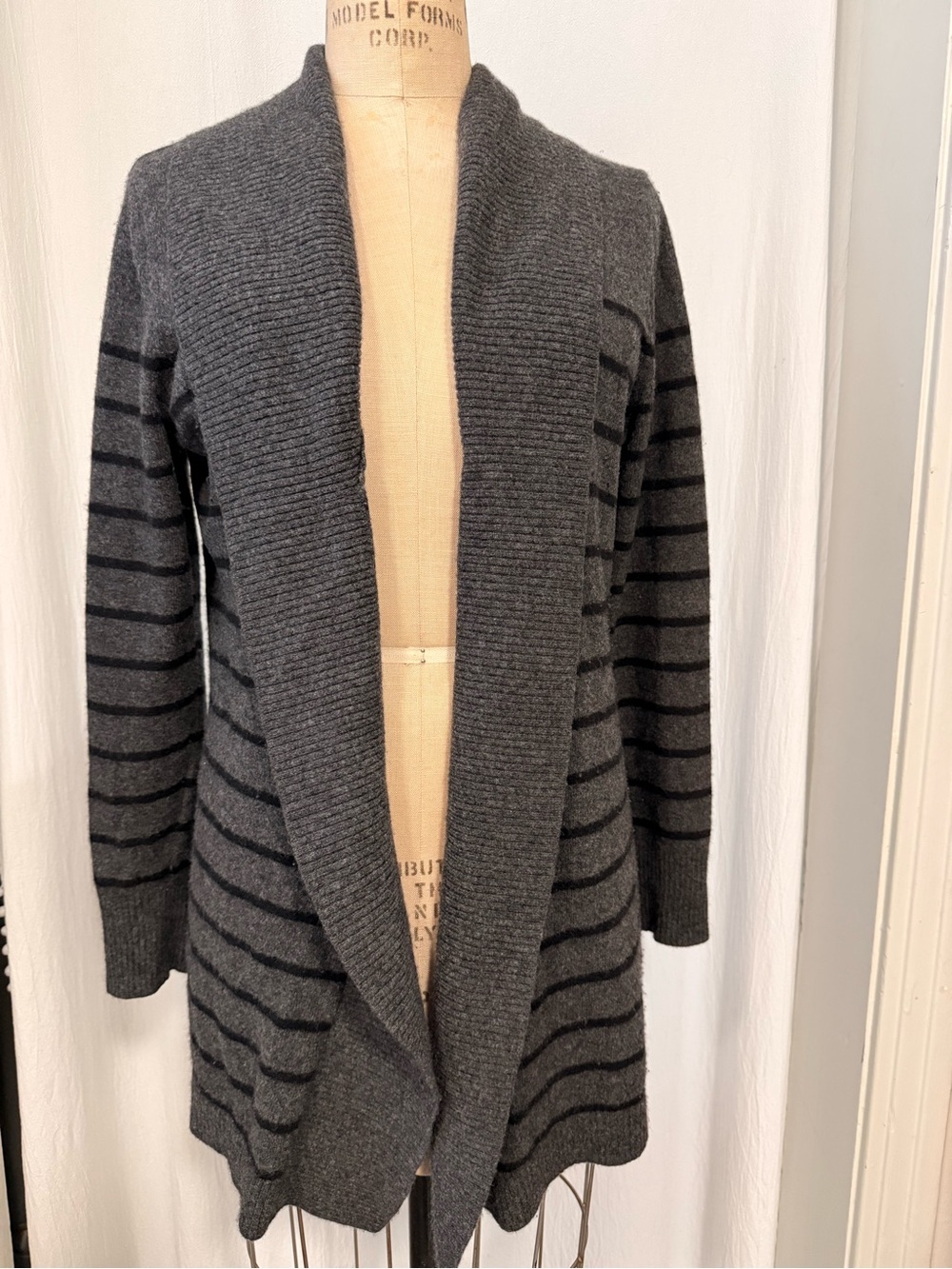 LL Bean, 100% Cashmere, Shawl Collar, Open Front Stripe Cardigan, sz XL